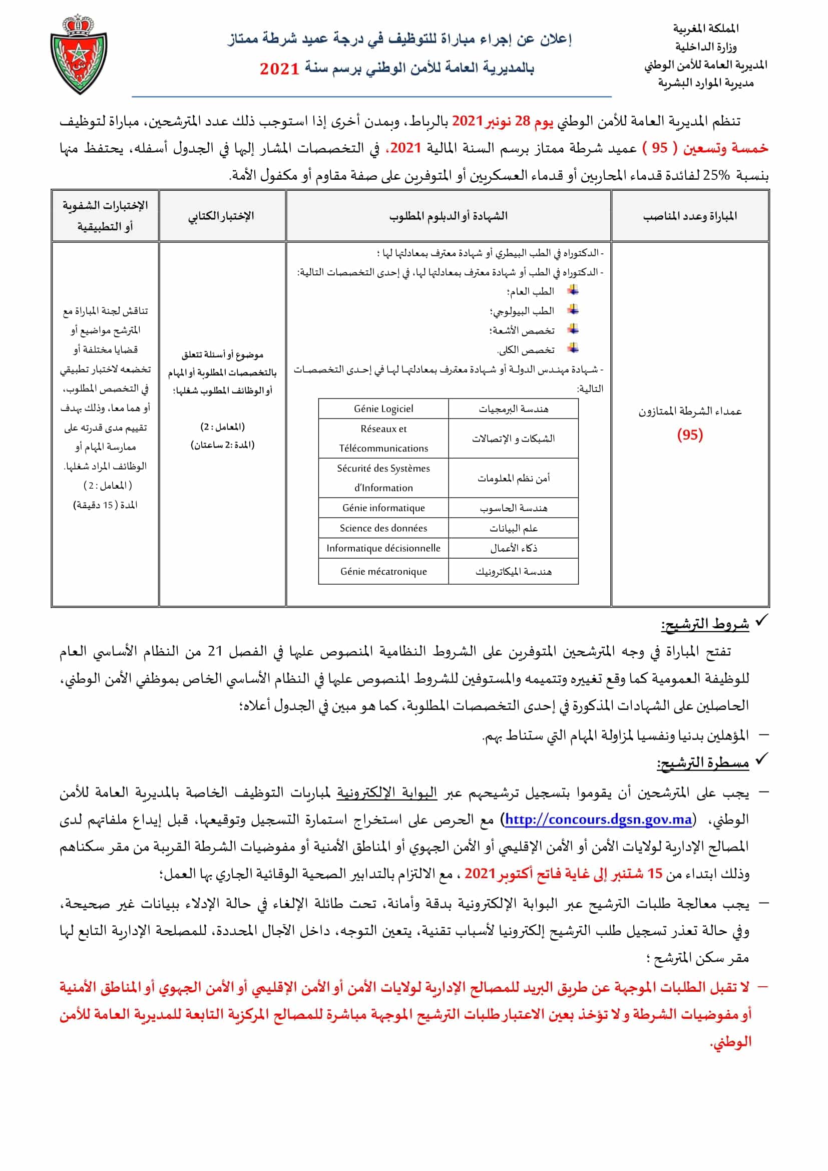 Concours DGSN Police 2021 95 Postes Men Gov