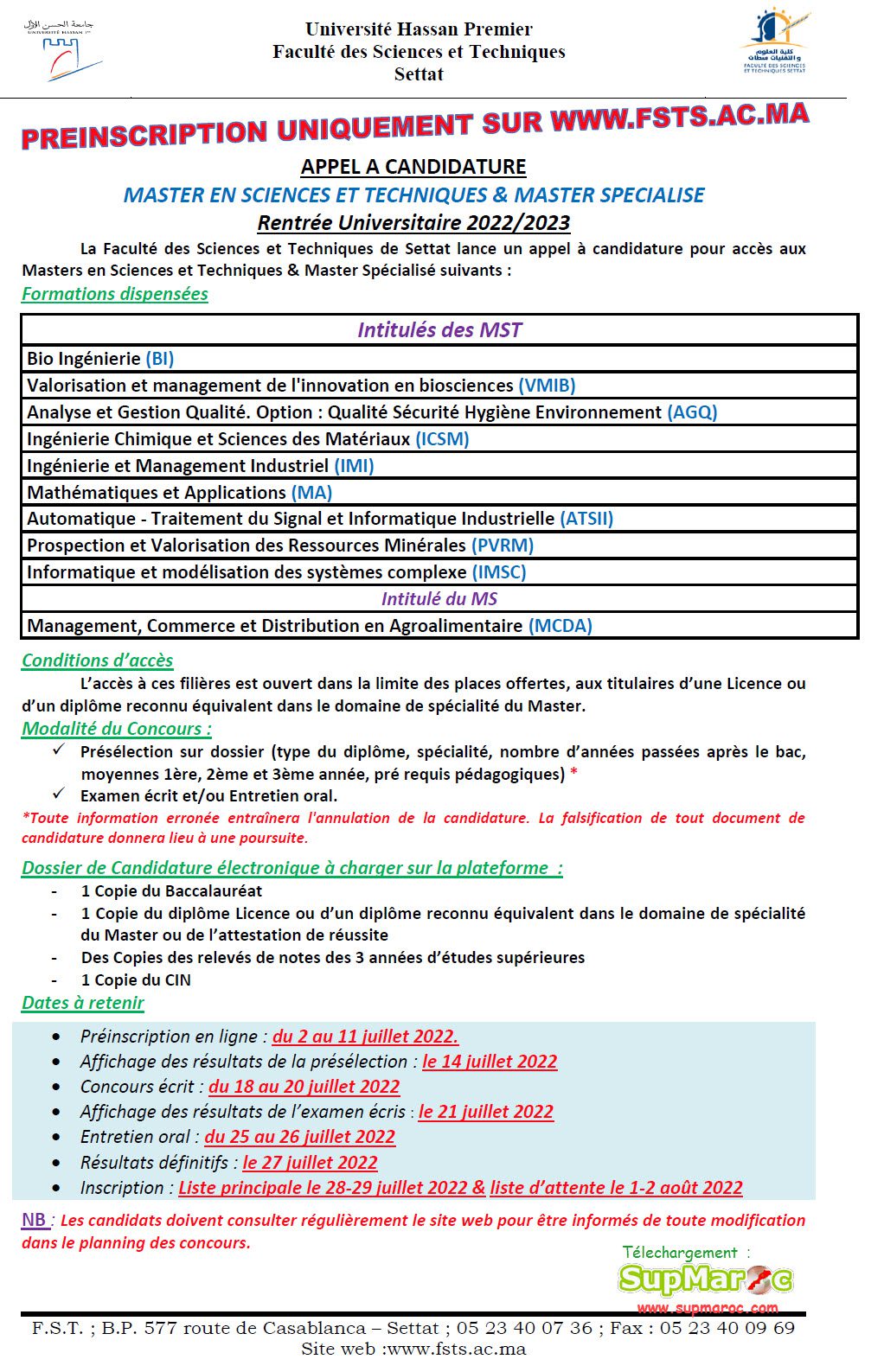 FST Settat Concours Masters MST 2022 2023