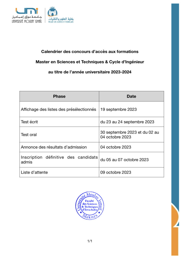 Présélection FST Errachidia Master MST 2023 2024