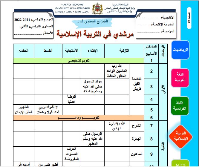 التوزيع السنوي مرشدي في التربية الإسلامية المستوى الثاني إبتدائي 2023-2024