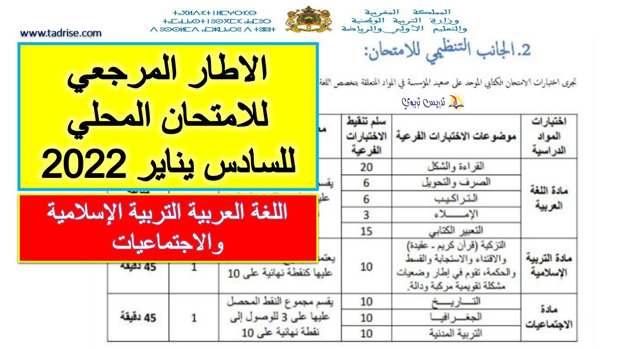الاطار المرجعي للامتحان المحلي للسادس يناير 2022 تخصص عربي