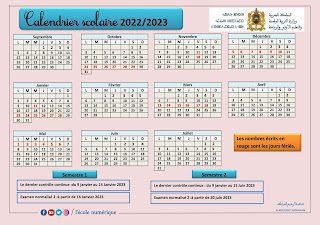 اليومية المدرسية بالفرنسية 2022-2023 calendrier scolaire