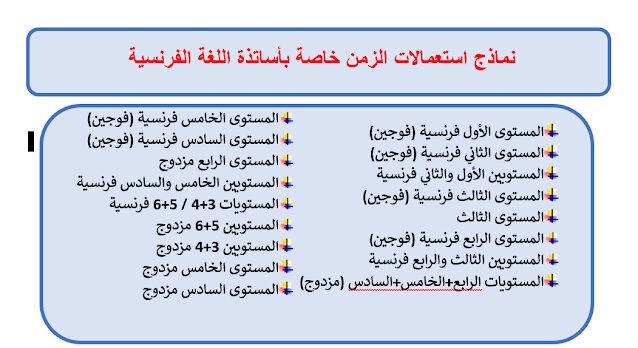 نماذج استعمالات الزمن خاصة بأساتذة اللغة الفرنسية قابلة للتعديل 2022.2023 نماذج استعمالات الزمن خاصة بأساتذة اللغة الفرنسية قابلة للتعديل 2022.2023