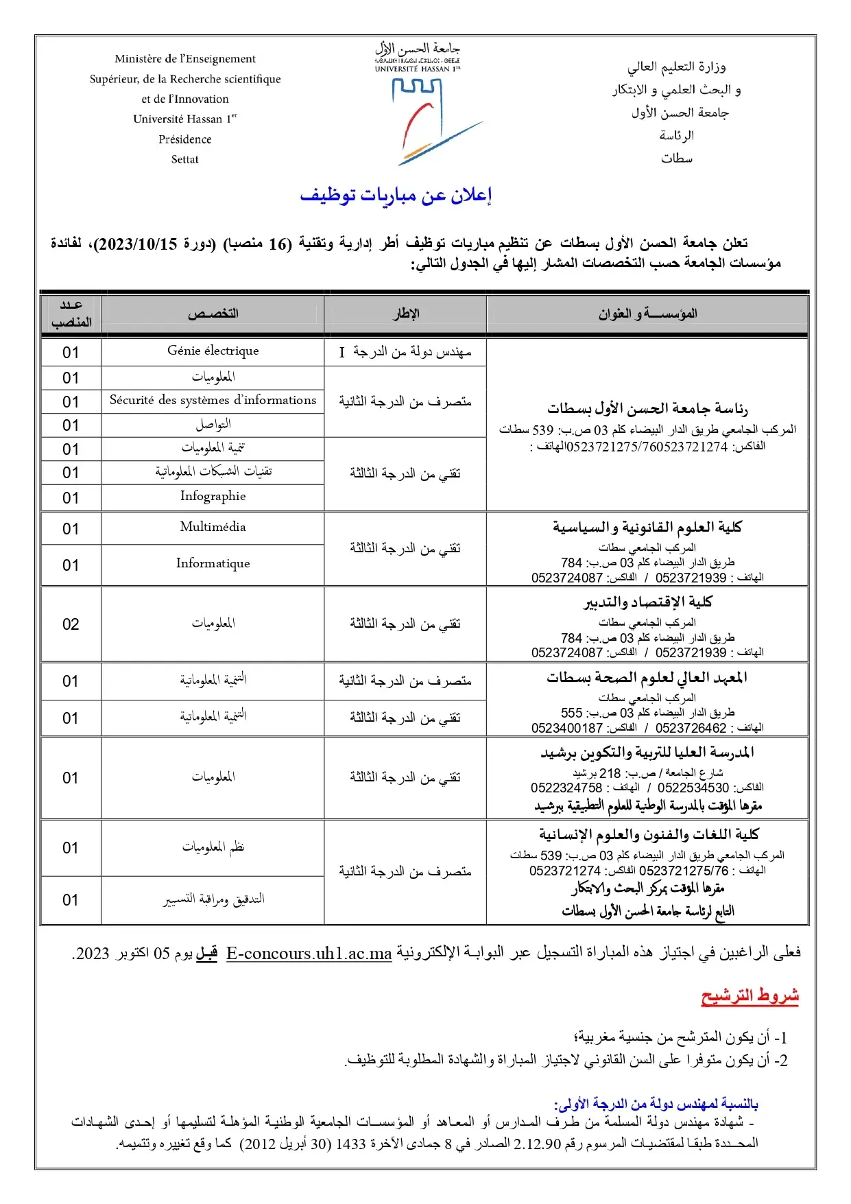 Concours Université Hassan 1er Settat 2023 (16 postes)